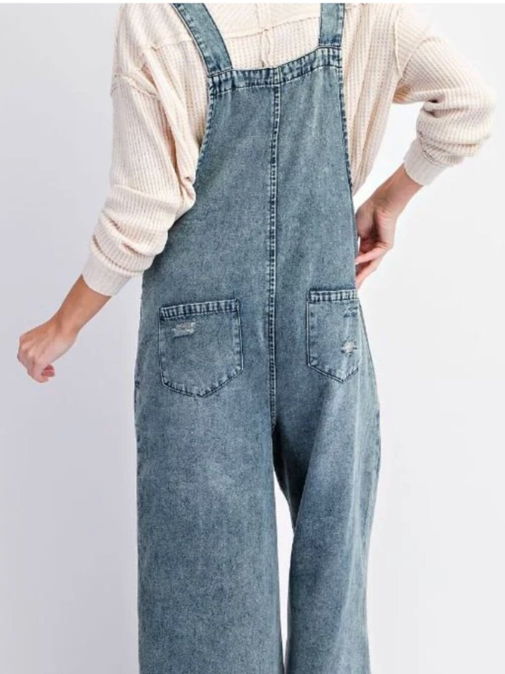 Easel Washed Denim Loose Fit Overalls - Picture 4 of 5